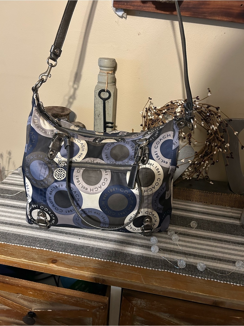 Coach Blue and Gray Circular Logo Shoulder Bag